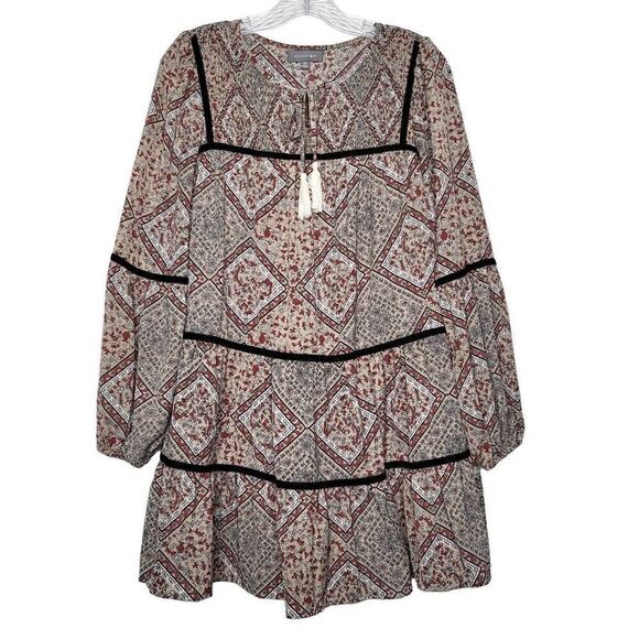 Hudson Gray Boho Tiered Keyhole Tassels Balloon Sleeves Mini Dress Size Small - Picture 1 of 11